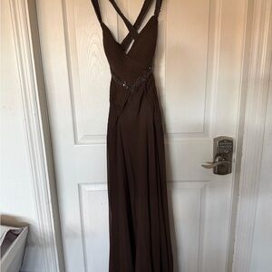Niteline Brown Crisscross Maxi Dress with Beaded Waist